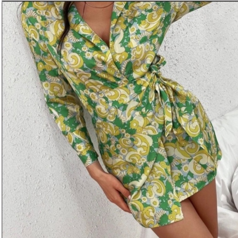 Zara Green and Yellow Floral Wrap Mini Dress